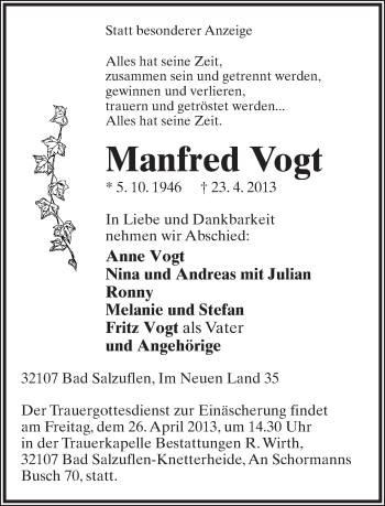 Anzeige  Manfred Vogt  Lippische Landes-Zeitung