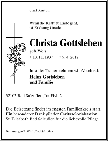 Anzeige  Christa Gottsleben  Lippische Landes-Zeitung