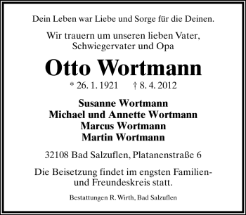 Anzeige  Otto Wortmann  Lippische Landes-Zeitung