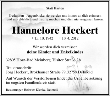 Anzeige  Hannelore Heckert  Lippische Landes-Zeitung