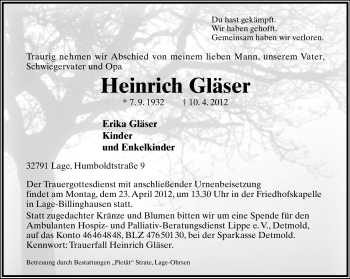 Anzeige  Heinrich Gläser  Lippische Landes-Zeitung