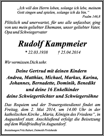 Anzeige  Rudolf Kampmeier  Lippische Landes-Zeitung