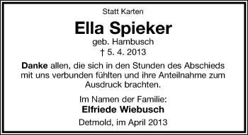 Anzeige  Ella Spieker  Lippische Landes-Zeitung