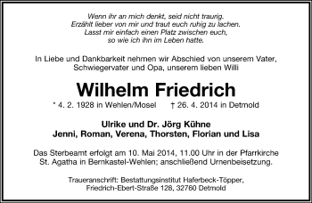 Anzeige  Wilhelm Friedrich  Lippische Landes-Zeitung