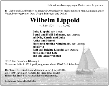 Anzeige  Wilhelm Lippold  Lippische Landes-Zeitung