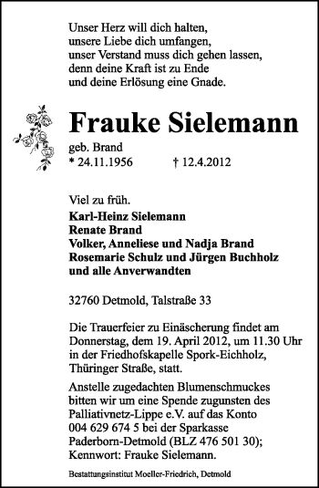 Anzeige  Frauke Sielemann  Lippische Landes-Zeitung