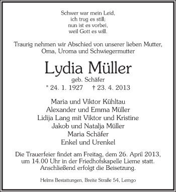 Anzeige  Lydia Müller  Lippische Landes-Zeitung