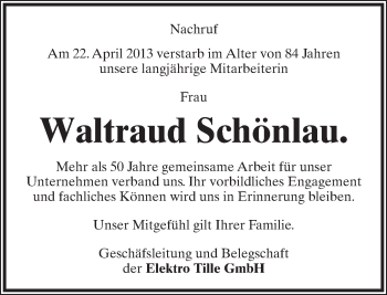 Anzeige  Waltraud Schönlau  Lippische Landes-Zeitung