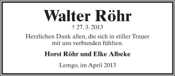 Anzeige  Walter Röhr  Lippische Landes-Zeitung