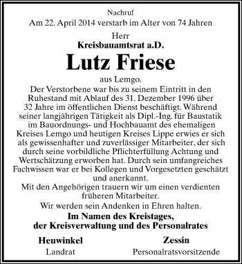 Anzeige  Lutz Friese  Lippische Landes-Zeitung