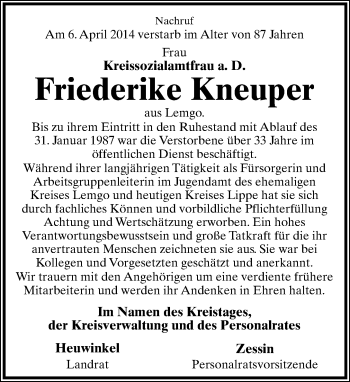 Anzeige  Friederike Kneuper  Lippische Landes-Zeitung