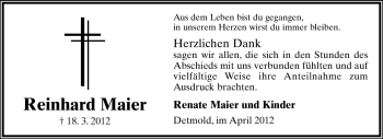 Anzeige  Reinhard Maier  Lippische Landes-Zeitung