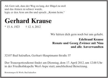 Anzeige  Gerhard Krause  Lippische Landes-Zeitung