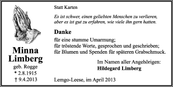 Anzeige  Minna Limberg  Lippische Landes-Zeitung