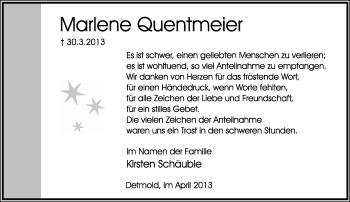 Anzeige  Marlene Quentmeier  Lippische Landes-Zeitung