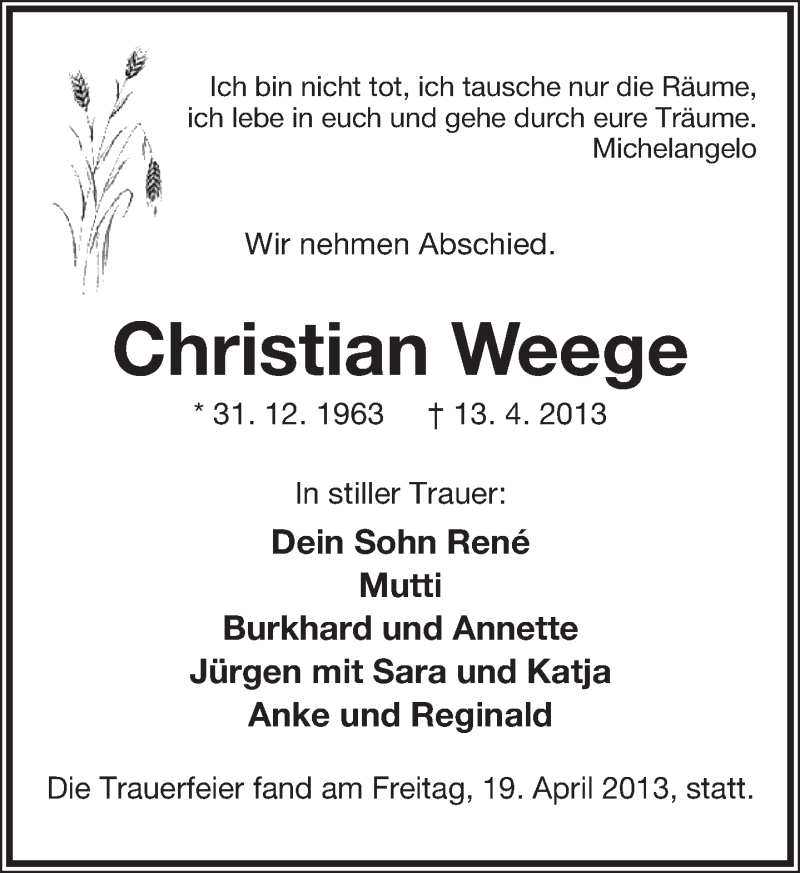  Traueranzeige für Christian Weege vom 27.04.2013 aus Lippische Landes-Zeitung