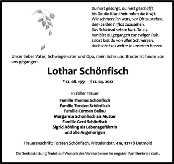 Anzeige  Lothar Schönfisch  Lippische Landes-Zeitung