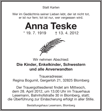 Anzeige  Anna Teske  Lippische Landes-Zeitung