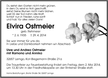 Anzeige  Elvira Ostmeier  Lippische Landes-Zeitung