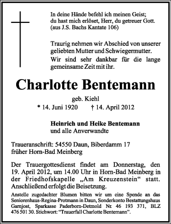 Anzeige  Charlotte Bentemann  Lippische Landes-Zeitung