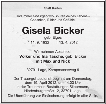 Anzeige  Gisela Bicker  Lippische Landes-Zeitung