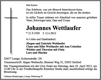 Anzeige  Johannes Wettlaufer  Lippische Landes-Zeitung