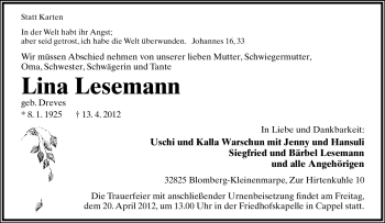 Anzeige  Lina Lesemann  Lippische Landes-Zeitung