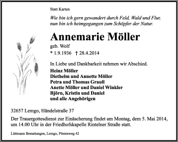 Anzeige  Annemarie Möller  Lippische Landes-Zeitung