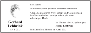 Anzeige  Gerhard Lehbrink  Lippische Landes-Zeitung