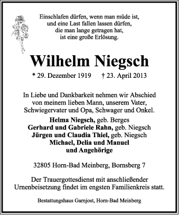 Anzeige  Wilhelm Niegsch  Lippische Landes-Zeitung