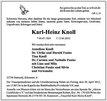 Anzeige  Karl-Heinz Knoll  Lippische Landes-Zeitung