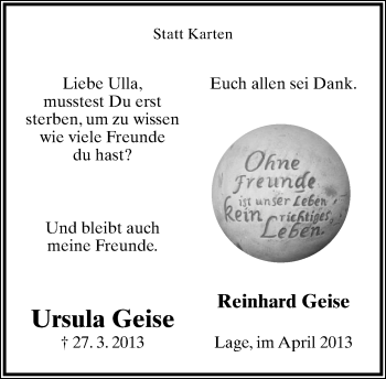 Anzeige  Ursula Geise  Lippische Landes-Zeitung