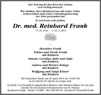Anzeige  Reinhard Frank  Lippische Landes-Zeitung