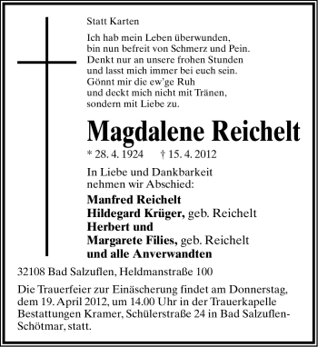 Anzeige  Magdalene Reichelt  Lippische Landes-Zeitung