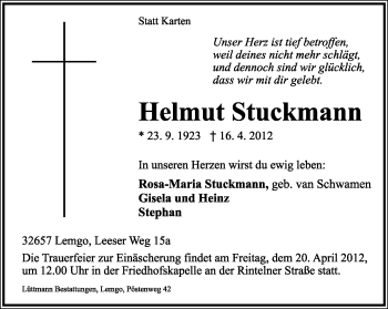 Anzeige  Helmut Stuckmann  Lippische Landes-Zeitung
