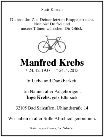 Anzeige  Manfred Krebs  Lippische Landes-Zeitung