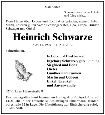 Anzeige  Heinrich Schwarze  Lippische Landes-Zeitung