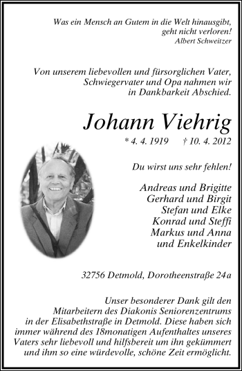 Anzeige  Johann Viehrig  Lippische Landes-Zeitung