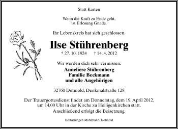Anzeige  Ilse Stührenberg  Lippische Landes-Zeitung