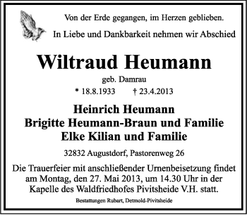 Anzeige  Wiltraud Heumann  Lippische Landes-Zeitung