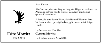 Anzeige  Fritz Mowitz  Lippische Landes-Zeitung