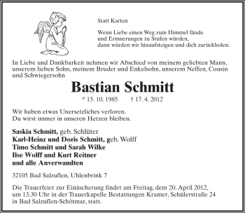 Anzeige  Bastian Schmitt  Lippische Landes-Zeitung
