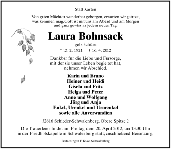 Anzeige  Laura Bohnsack  Lippische Landes-Zeitung