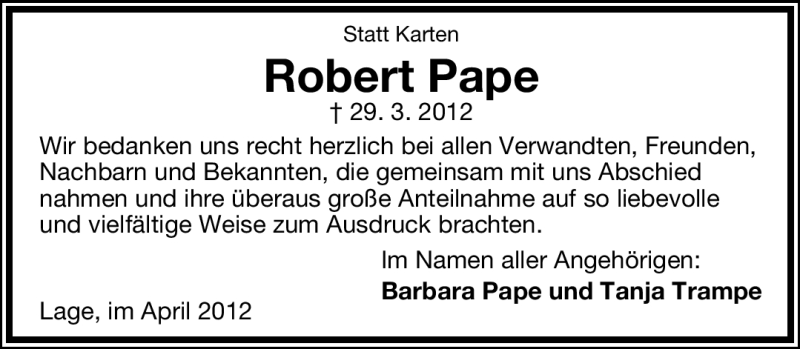  Traueranzeige für Robert Pape vom 21.04.2012 aus Lippische Landes-Zeitung