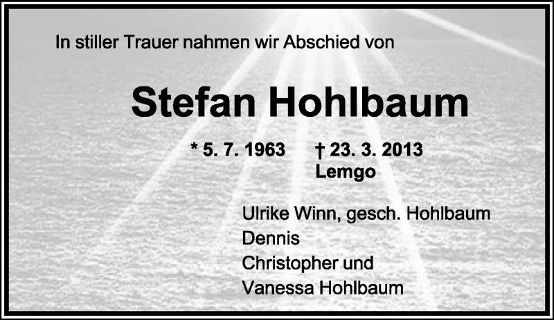  Traueranzeige für Stefan Hohlbaum vom 27.04.2013 aus Lippische Landes-Zeitung