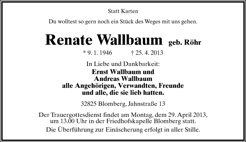  Traueranzeige für Renate Wallbaum vom 27.04.2013 aus Lippische Landes-Zeitung