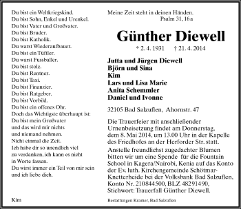 Anzeige  Günther Diewell  Lippische Landes-Zeitung