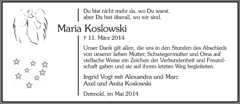 Anzeige  Maria Koslowski  Lippische Landes-Zeitung