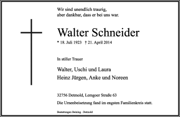 Anzeige  Walter Schneider  Lippische Landes-Zeitung