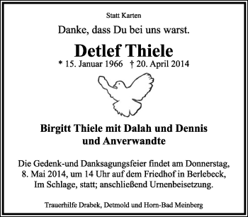 Anzeige  Detlef Thiele  Lippische Landes-Zeitung